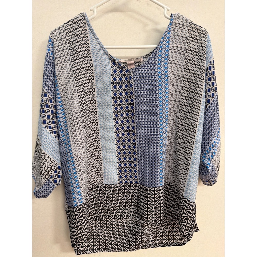 Forever 21 Contemporary Blue Geometric Tribal Print Dolman Sleeve Blouse Medium